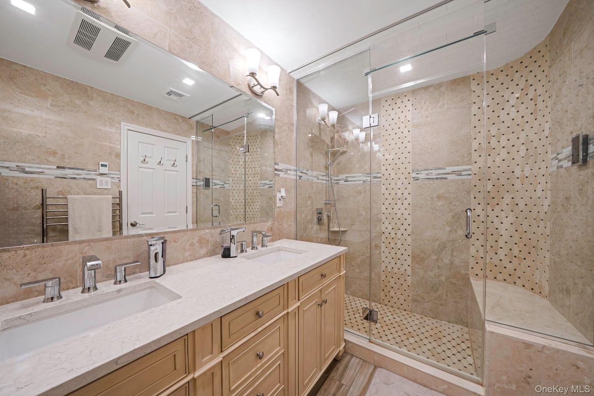 Bathroom, Dual Sink Vanities, Glass Shower, Interior, Recessed Lighting