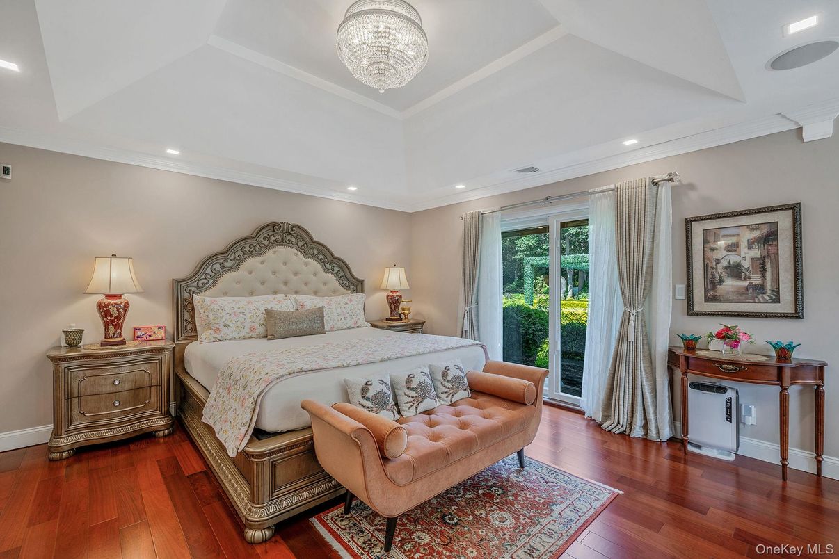Bedroom, Chandelier, Interior, Recessed Lighting, Wood Texture Flooring