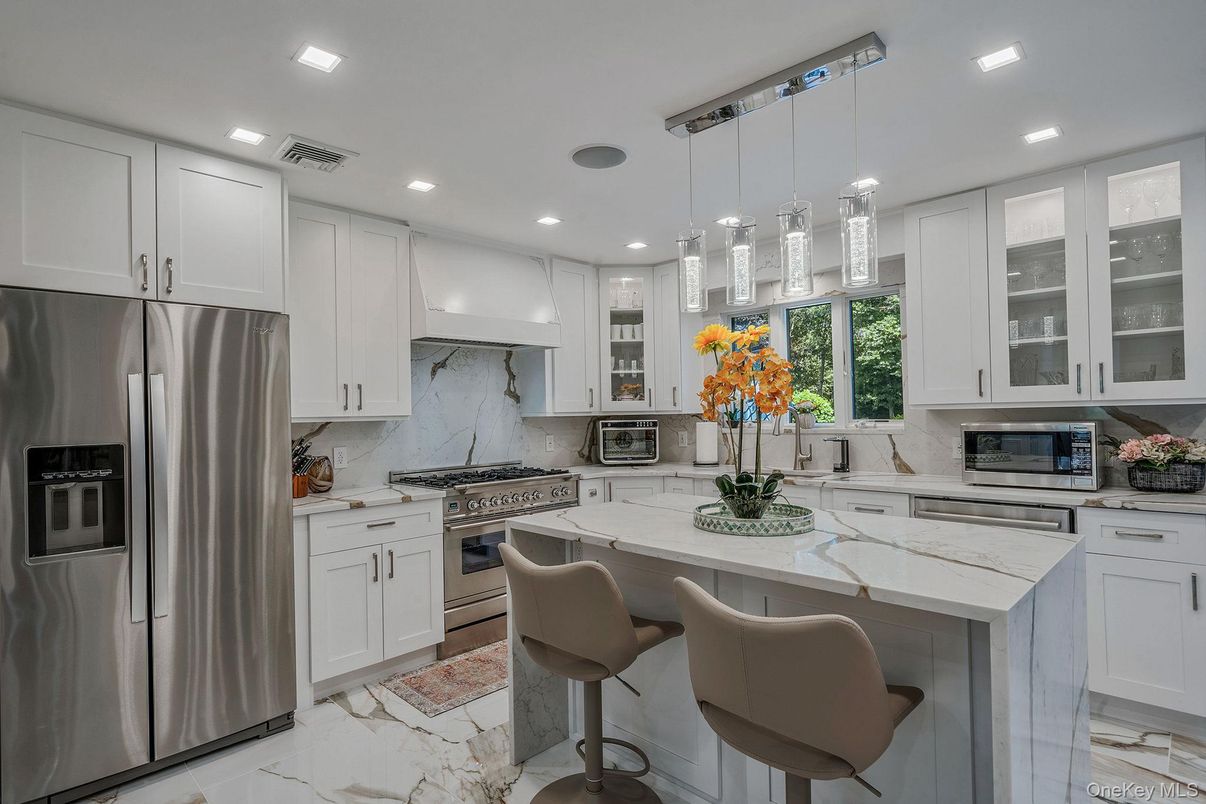 Interior, Kitchen, Marble, Pendant Lights, Recessed Lighting, Stainless Steel Appliances