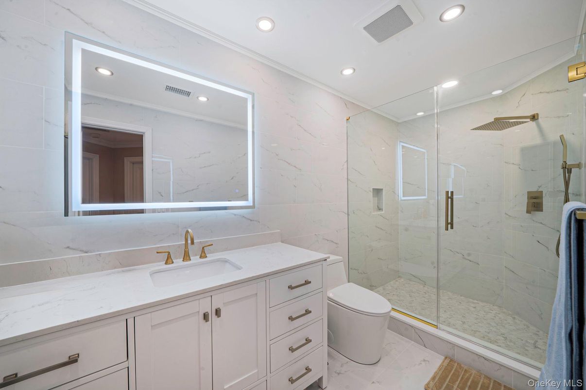 Bathroom, Glass Shower, Interior, Marble, Marble Walls, Recessed Lighting