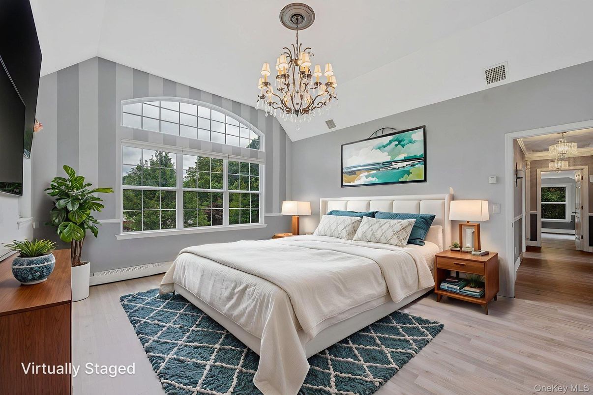 Bedroom, Chandelier, Interior, Wood Texture Flooring