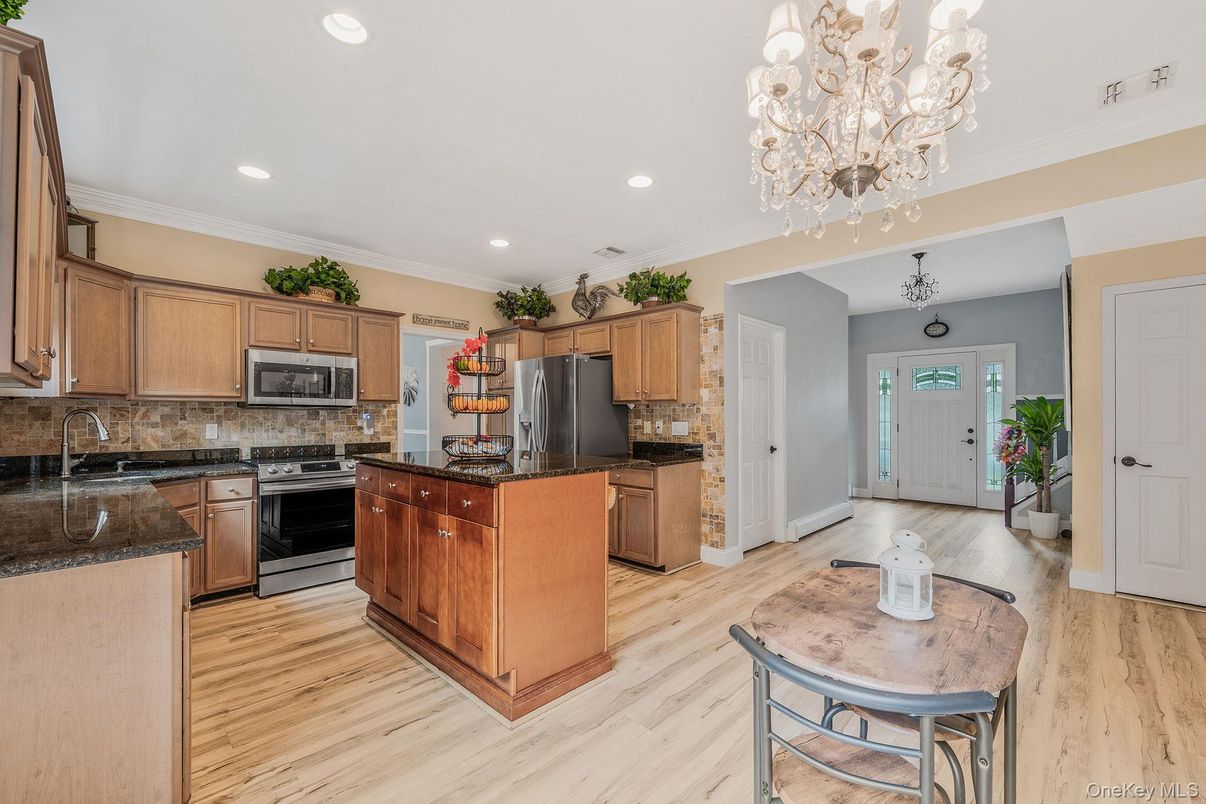 Chandelier, Interior, Kitchen, Recessed Lighting, Wood Texture Flooring