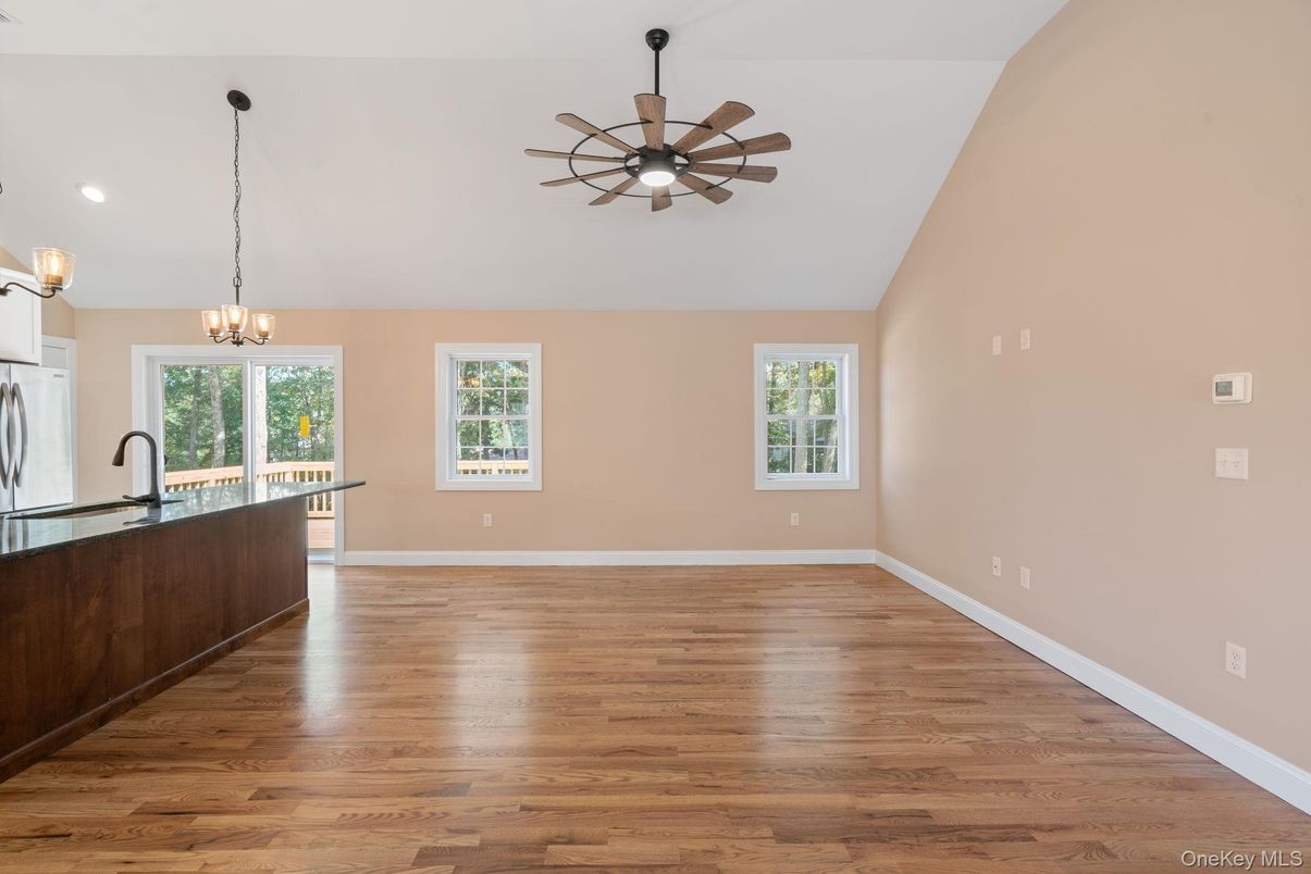 Chandelier, Empty room, Interior, Kitchen, Pendant Lights, Recessed Lighting, Wood Texture Flooring