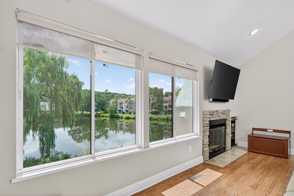 Fireplace, Interior, Recessed Lighting, Water, Wood Texture Flooring
