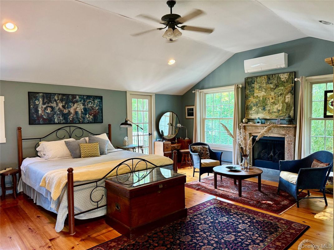 Bedroom, Fireplace, Interior, Recessed Lighting, Wood Texture Flooring