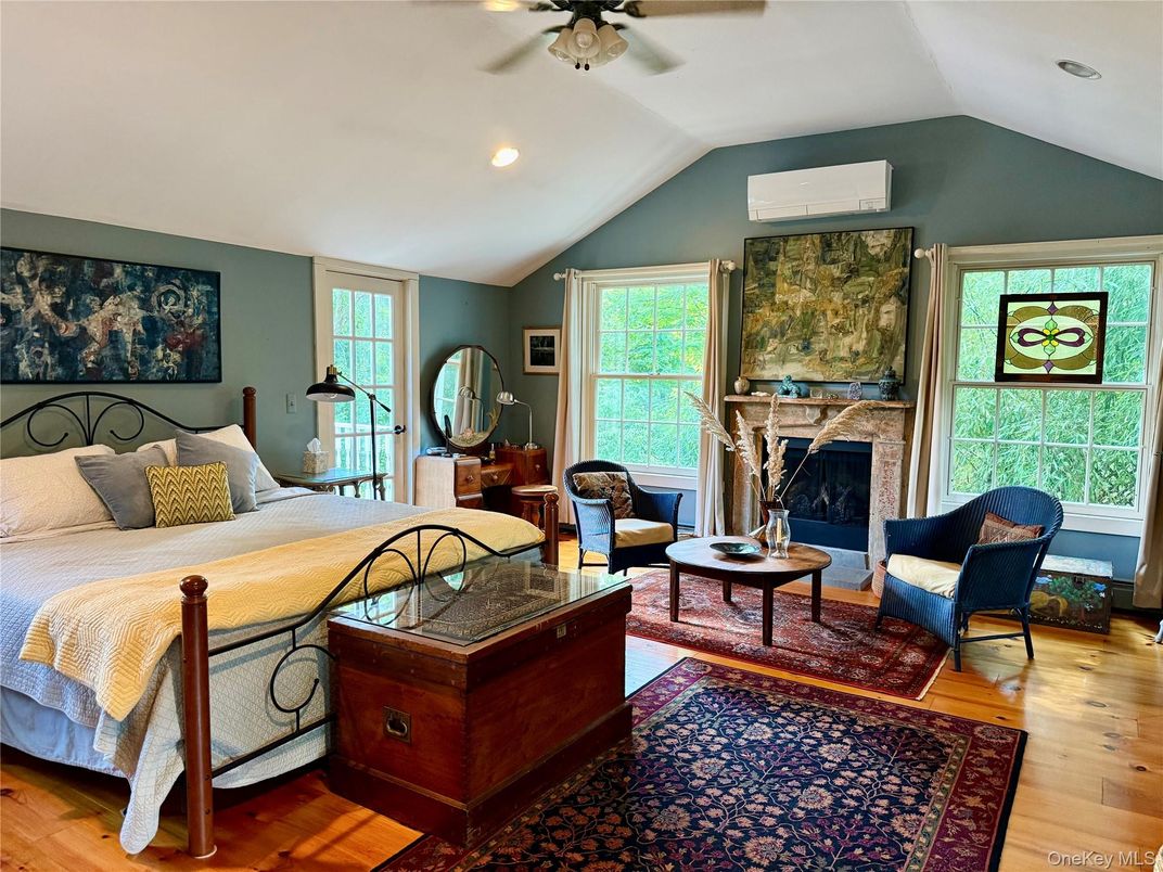 Bedroom, Fireplace, Interior, Recessed Lighting, Wood Texture Flooring