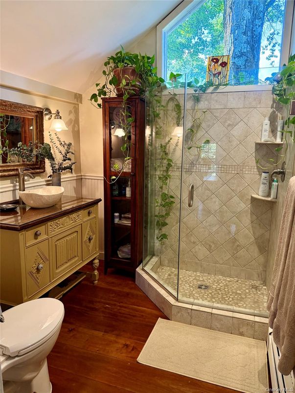 Bathroom, Glass Shower, Interior, Wood Texture Flooring