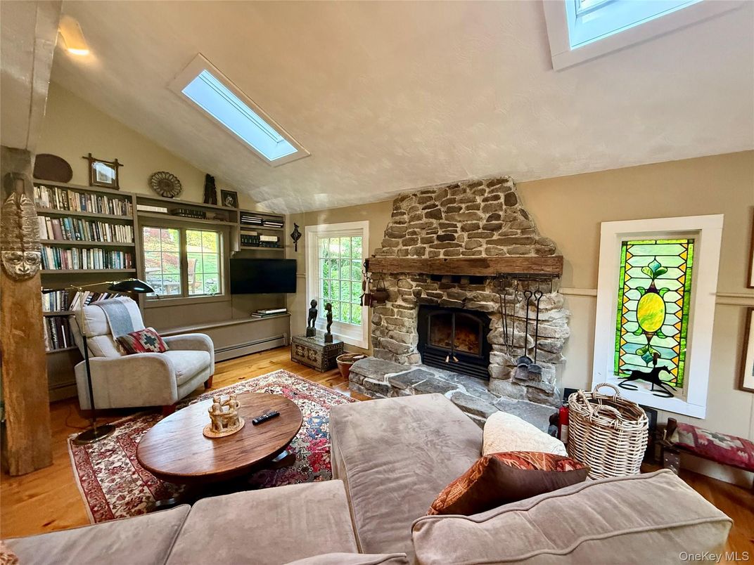 Fireplace, Interior, Living room, Stone Walls, Wood Texture Flooring