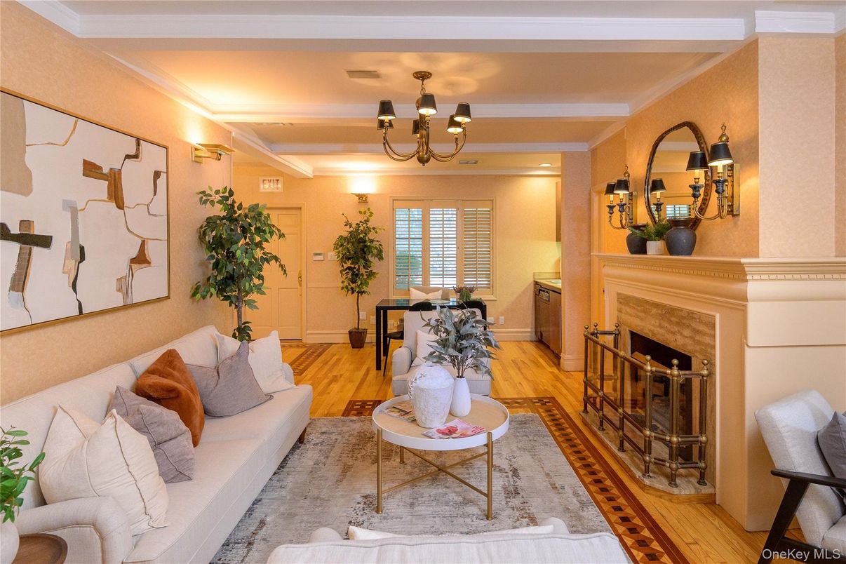 Chandelier, Fireplace, Interior, Living room, Recessed Lighting, Wood Texture Flooring