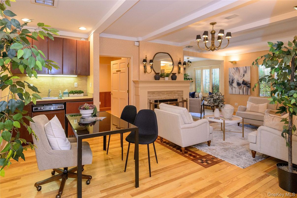 Fireplace, Home Office, Interior, Living room, Pendant Lights, Recessed Lighting, Wood Texture Flooring