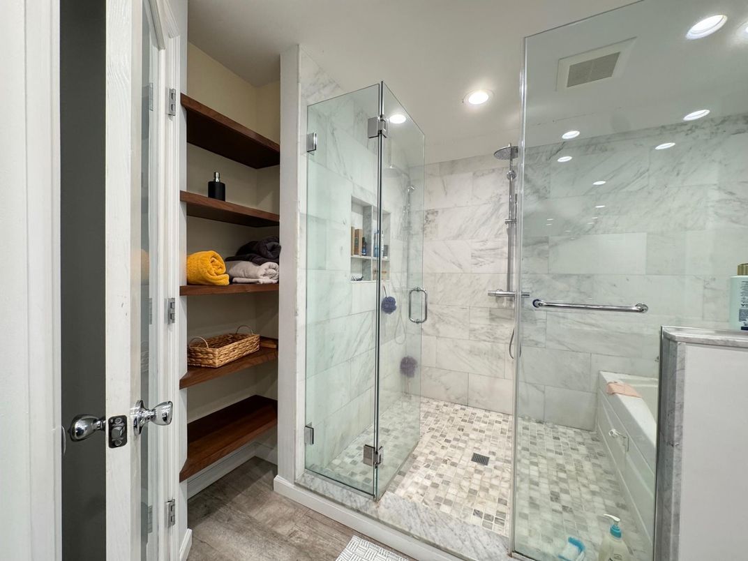 Bathroom, Glass Shower, Interior, Marble Walls, Recessed Lighting