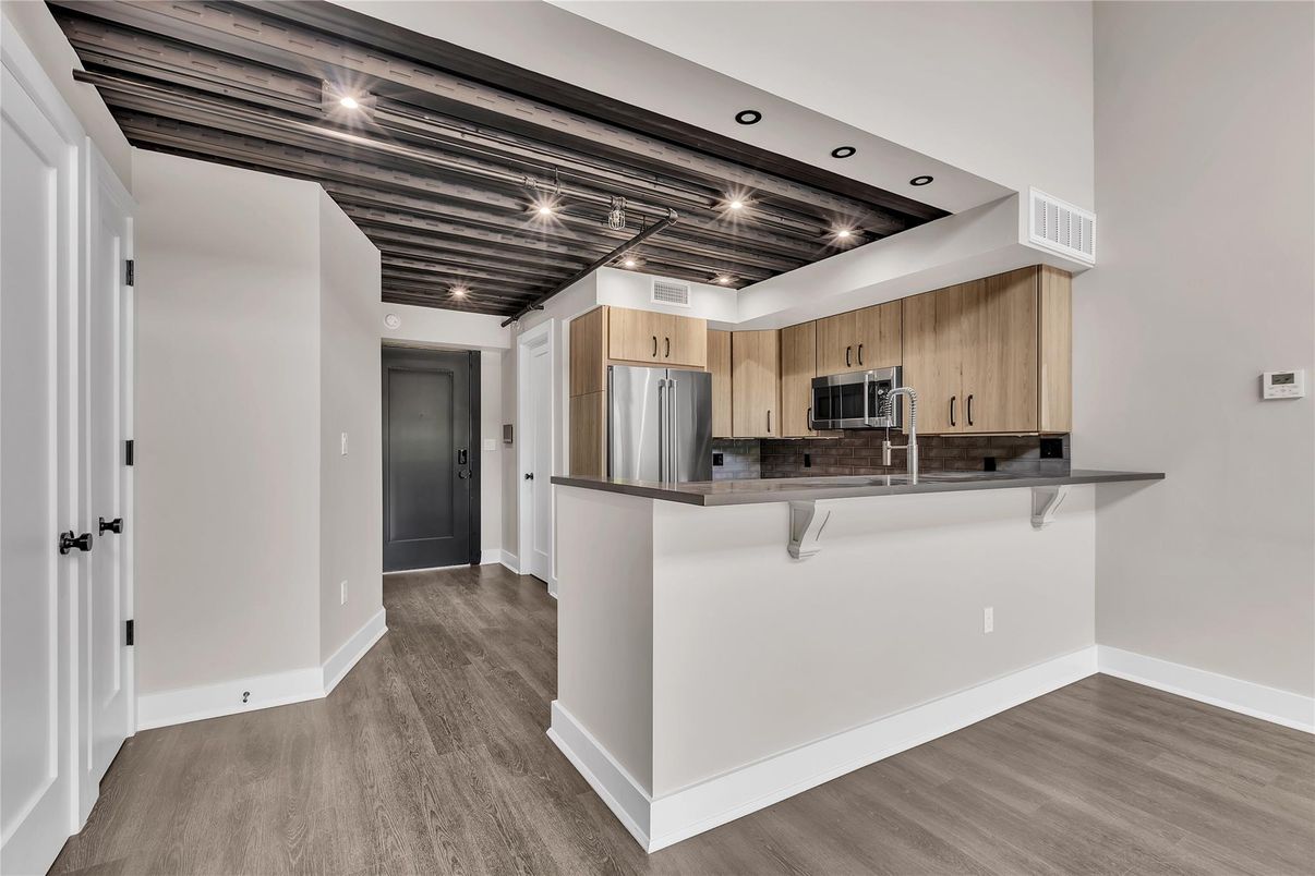 Interior, Kitchen, Recessed Lighting, Stainless Steel Appliances, Wood Texture Flooring