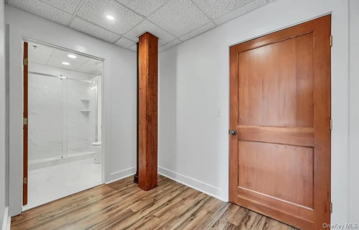 Bathroom, Glass Shower, Interior, Recessed Lighting, Wood Texture Flooring