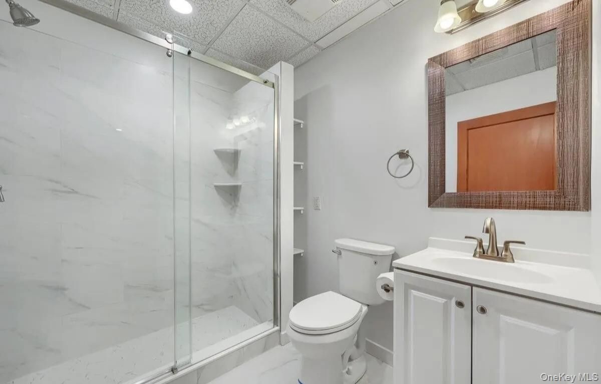 Bathroom, Glass Shower, Interior, Marble Walls, Recessed Lighting