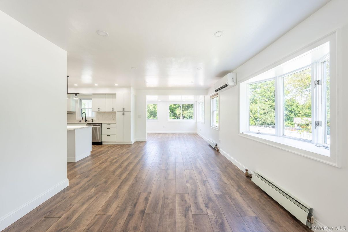 Empty room, Interior, Kitchen, Pendant Lights, Recessed Lighting, Wood Texture Flooring