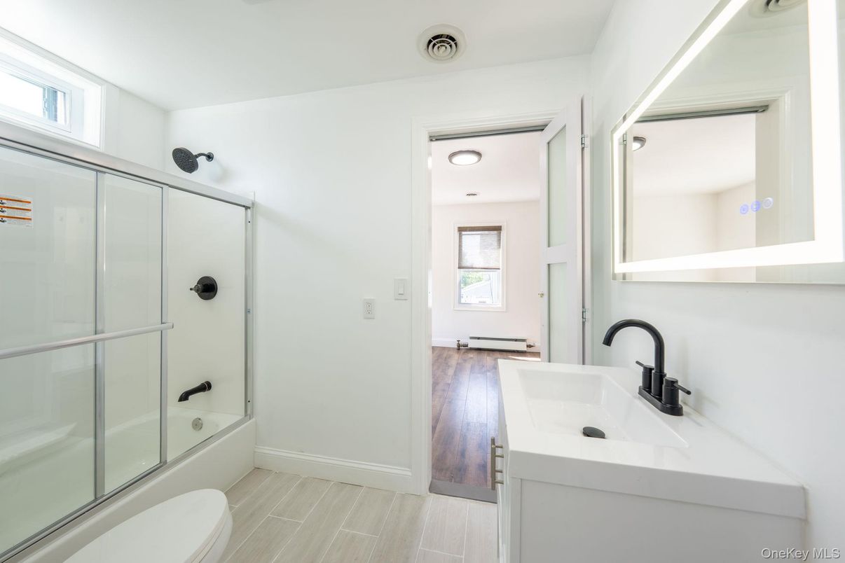 Bathroom, Glass Shower, Interior, Wood Texture Flooring