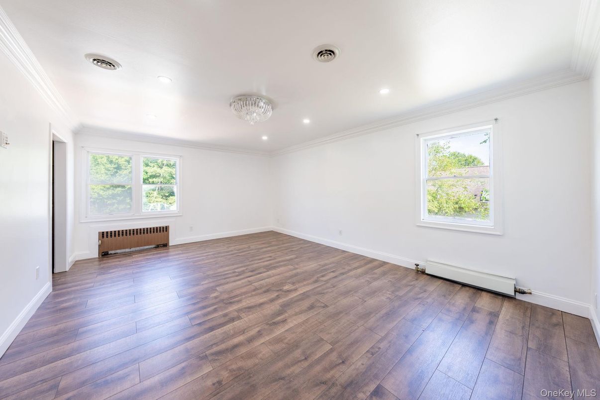 Chandelier, Empty room, Interior, Recessed Lighting, Wood Texture Flooring