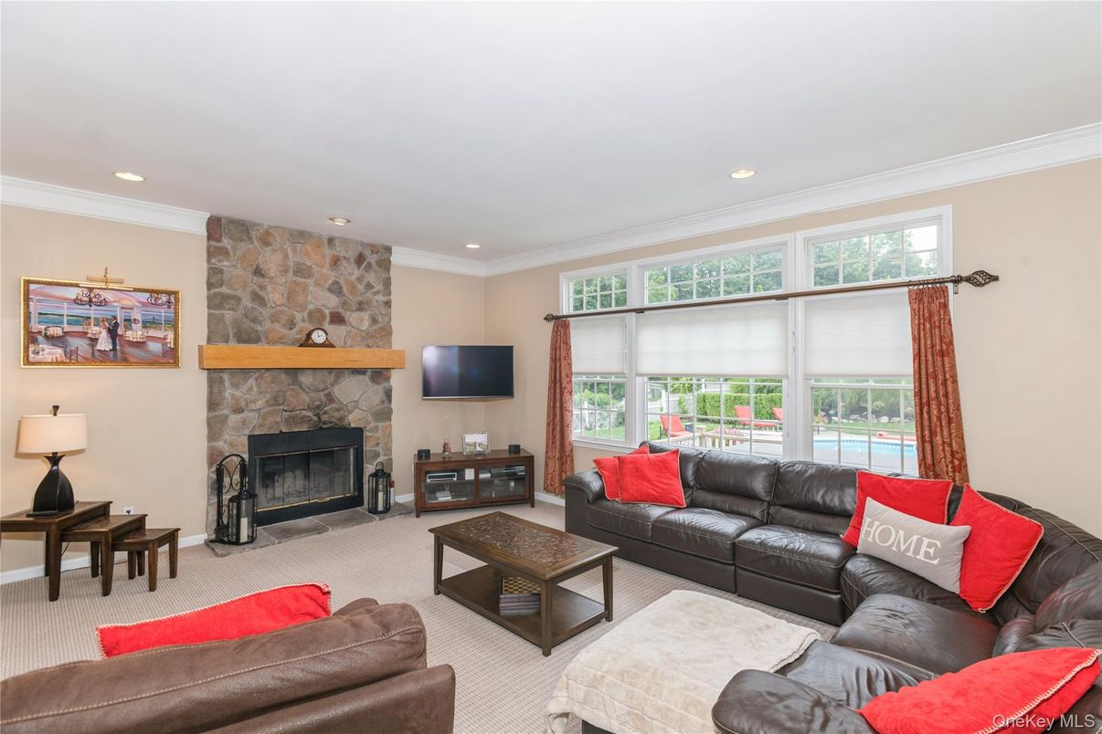 Fireplace, Interior, Living room, Recessed Lighting, Stone Walls