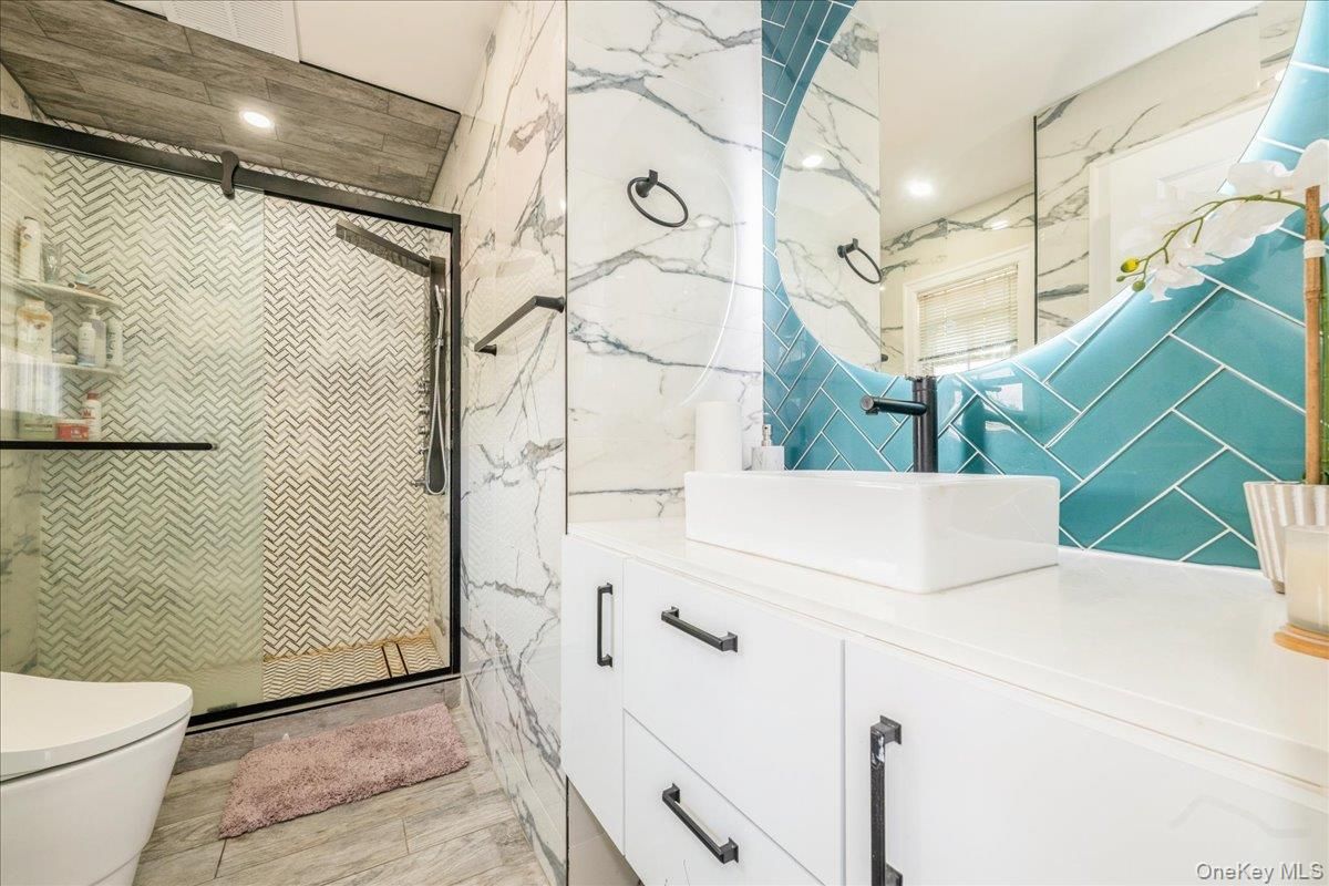 Bathroom, Glass Shower, Interior, Marble Walls, Recessed Lighting