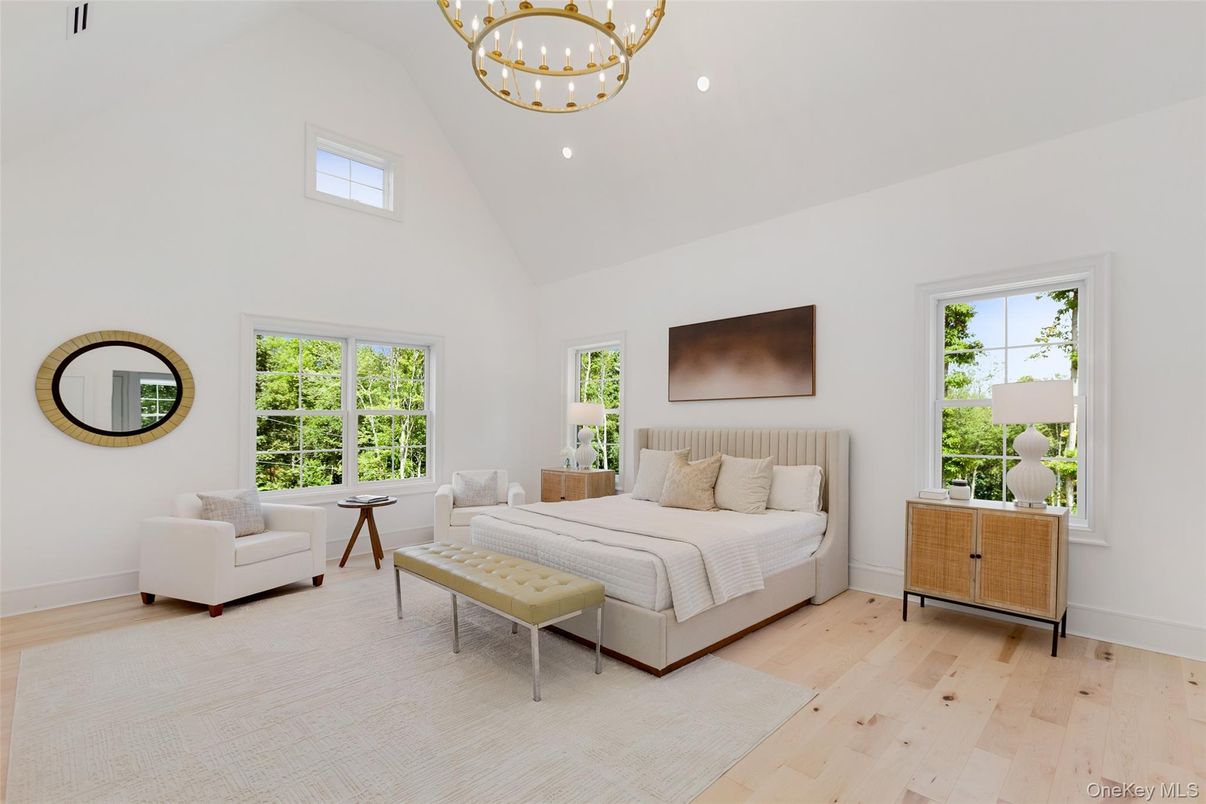 Bedroom, Chandelier, Interior, Recessed Lighting, Wood Texture Flooring
