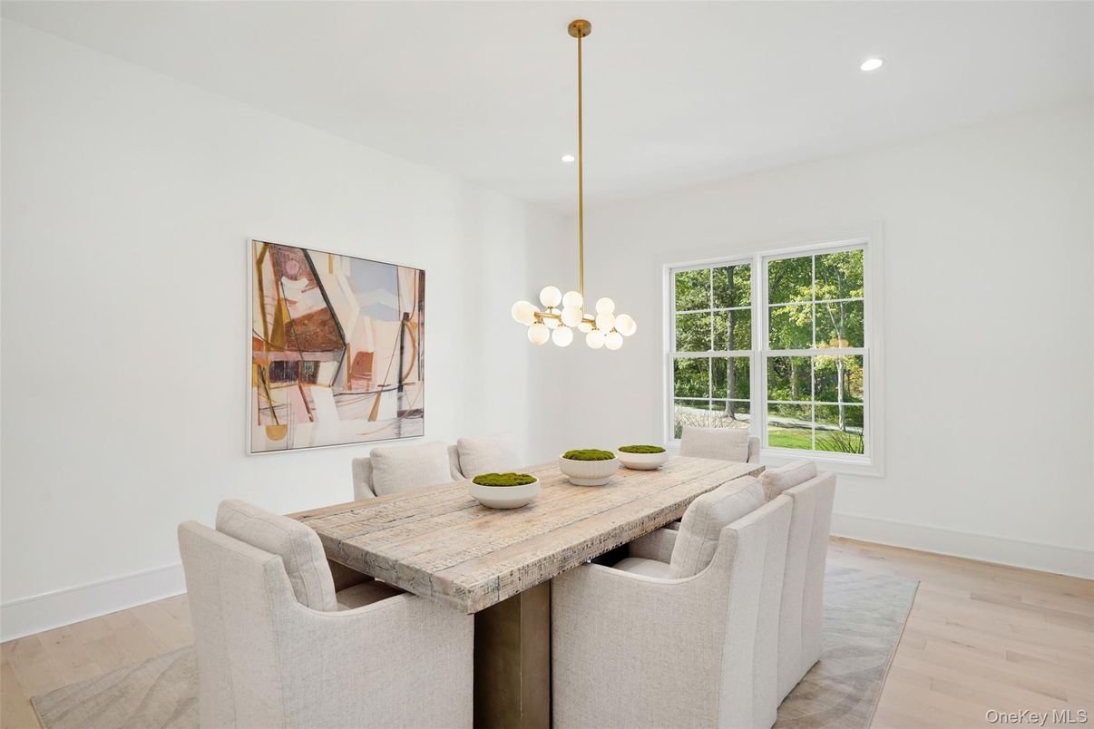 Dining room, Interior, Pendant Lights, Recessed Lighting, Wood Texture Flooring