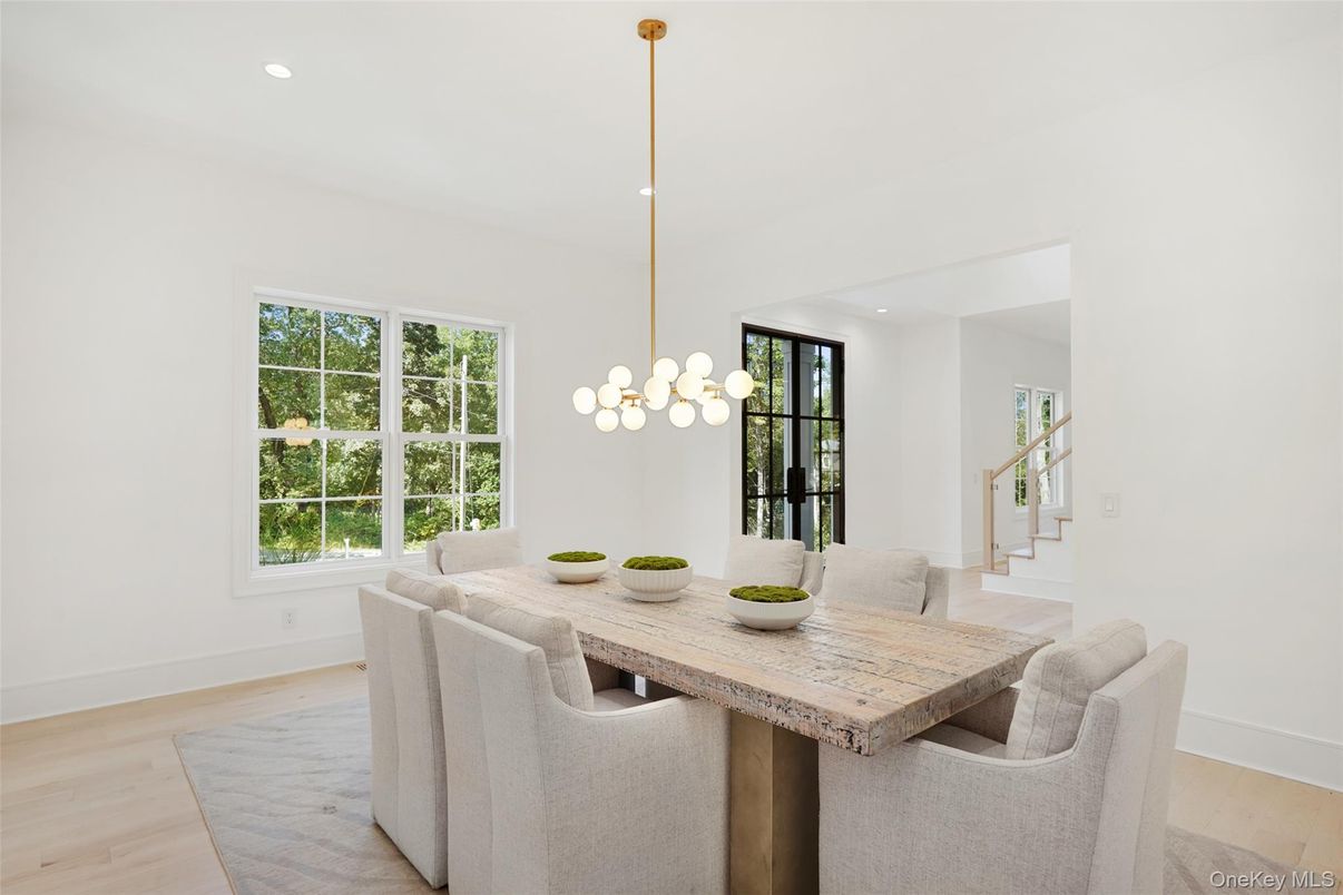 Dining room, Interior, Pendant Lights, Recessed Lighting, Wood Texture Flooring