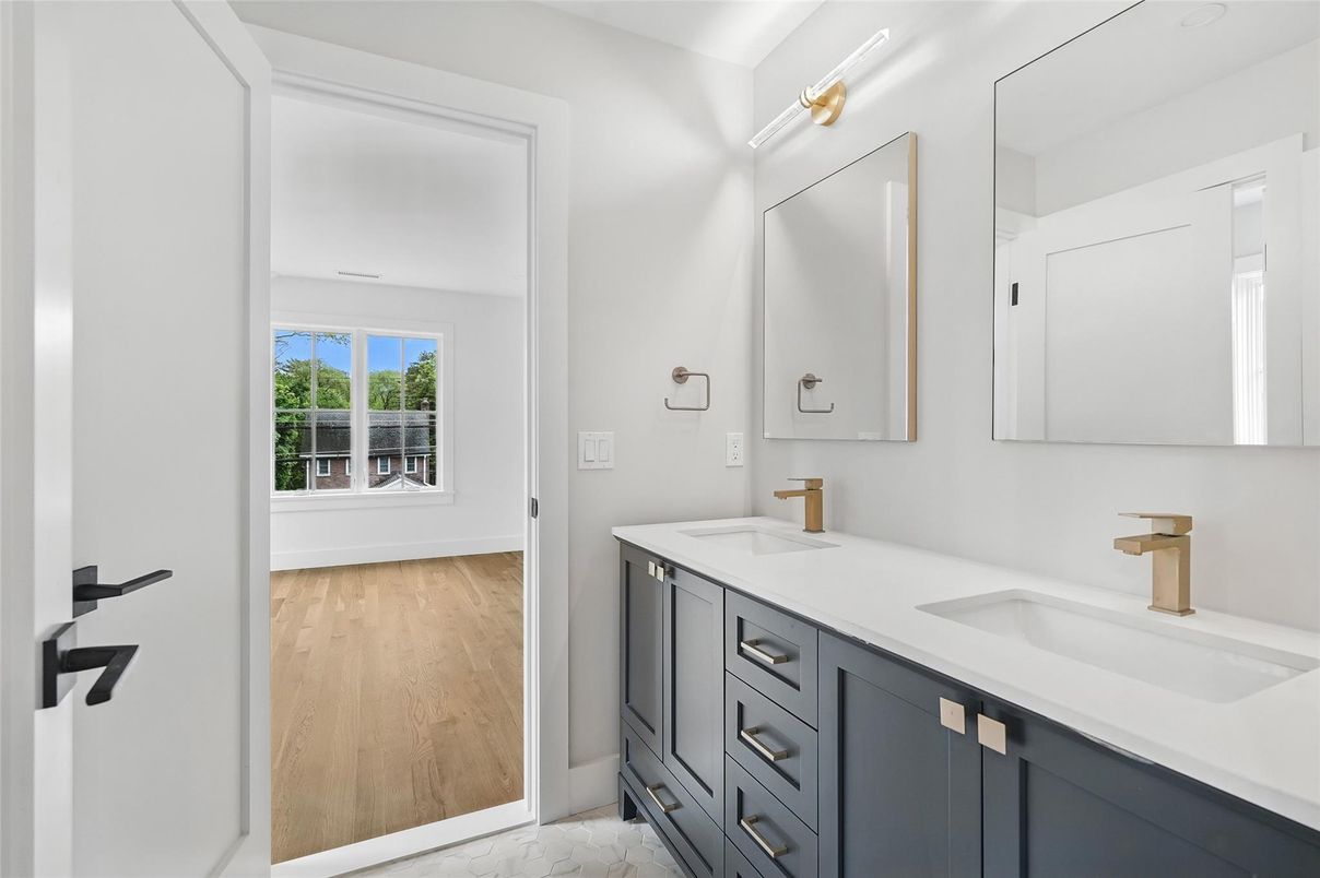 Bathroom, Dual Sink Vanities, Interior, Marble, Wood Texture Flooring