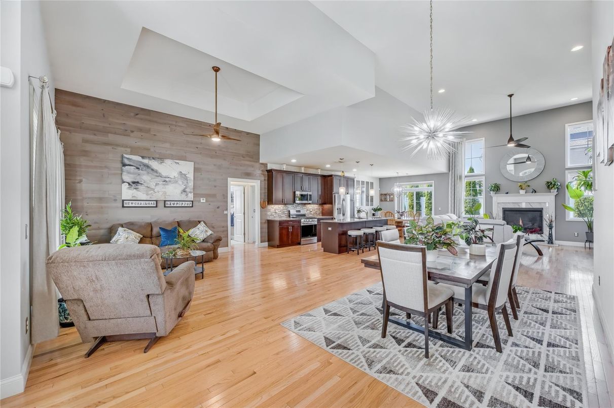 Dining room, Fireplace, Interior, Kitchen, Living room, Pendant Lights, Recessed Lighting, Wood Texture Flooring, Wooden Walls