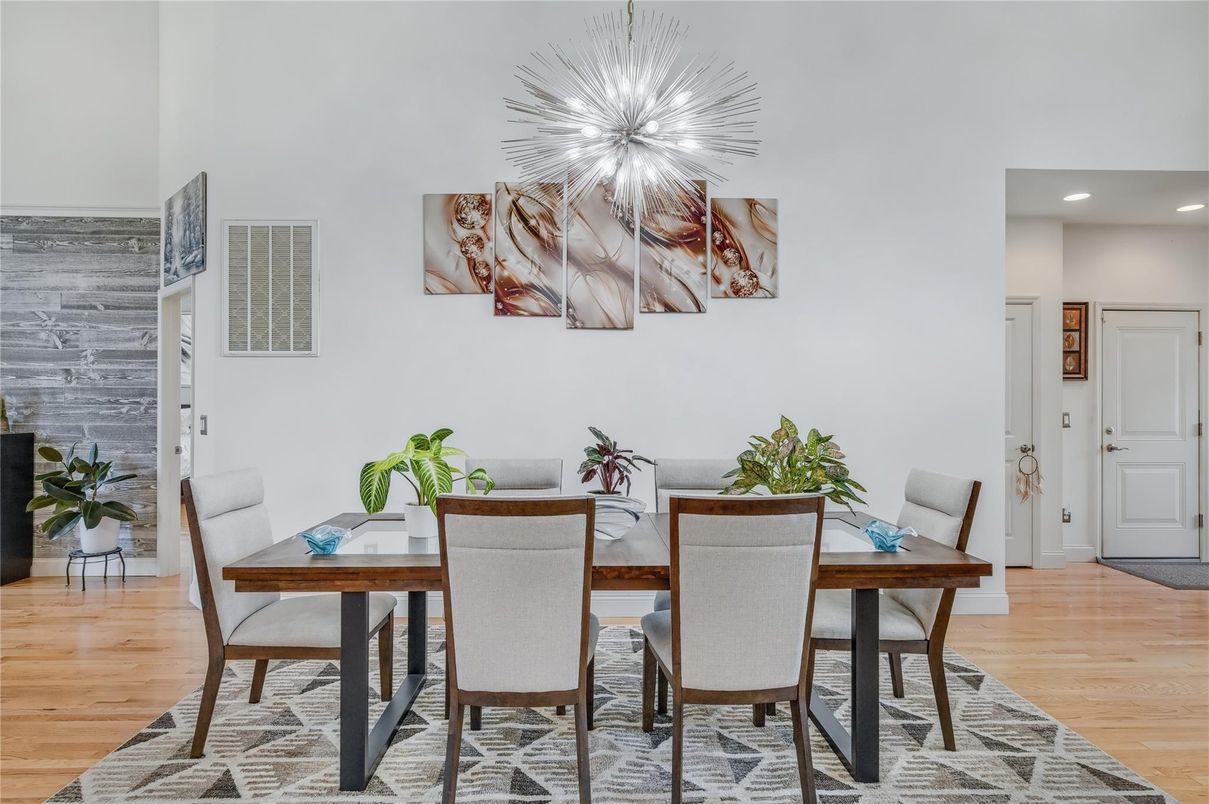 Dining room, Interior, Recessed Lighting, Wood Texture Flooring