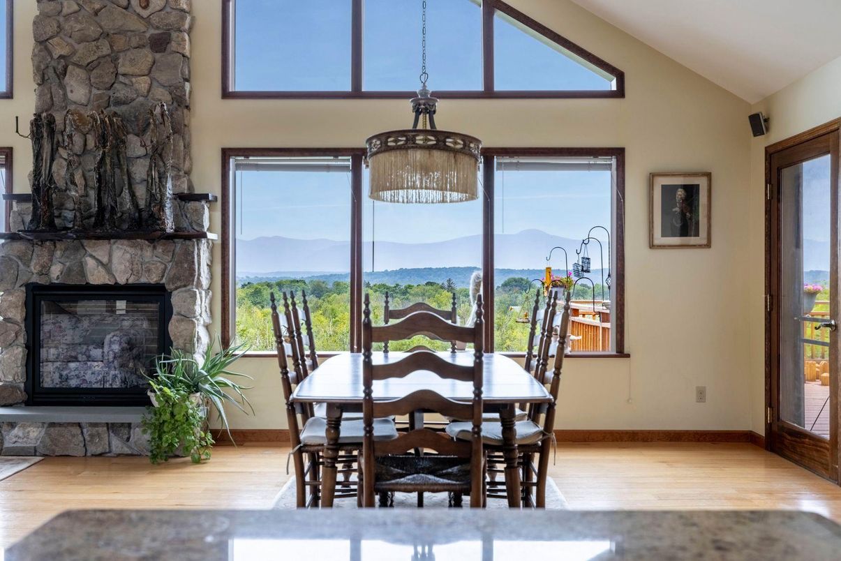 Dining room, Fireplace, Interior, Pendant Lights, Wood Texture Flooring