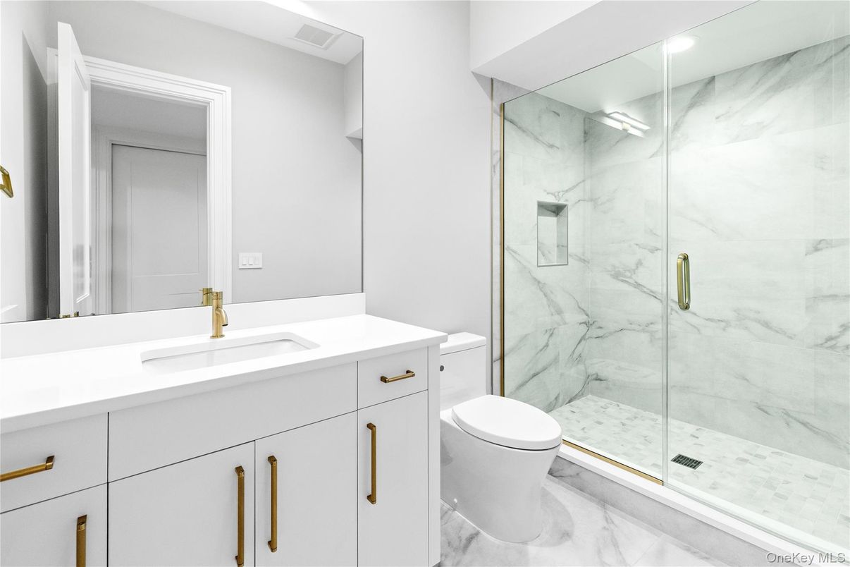 Bathroom, Glass Shower, Interior, Marble, Marble Walls, Recessed Lighting