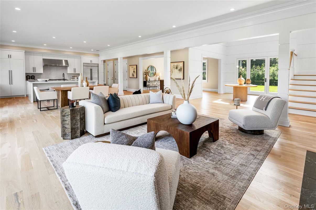 Dining room, Interior, Kitchen, Living room, Recessed Lighting, Stainless Steel Appliances, Wood Texture Flooring