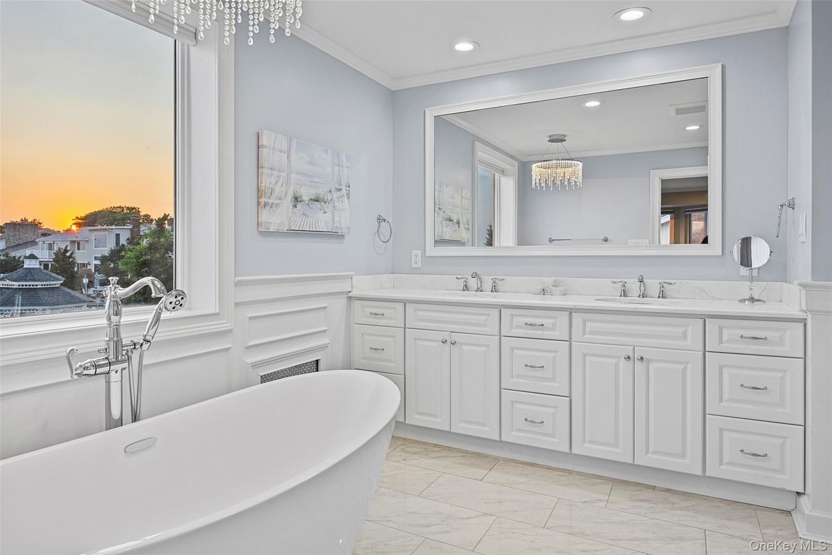 Bathroom, Chandelier, Dual Sink Vanities, Free Standing Baths, Interior, Marble, Recessed Lighting