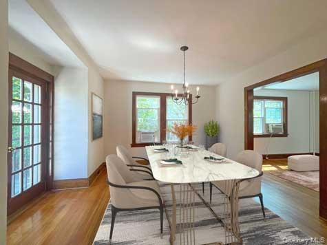 Chandelier, Dining room, Interior, Wood Texture Flooring