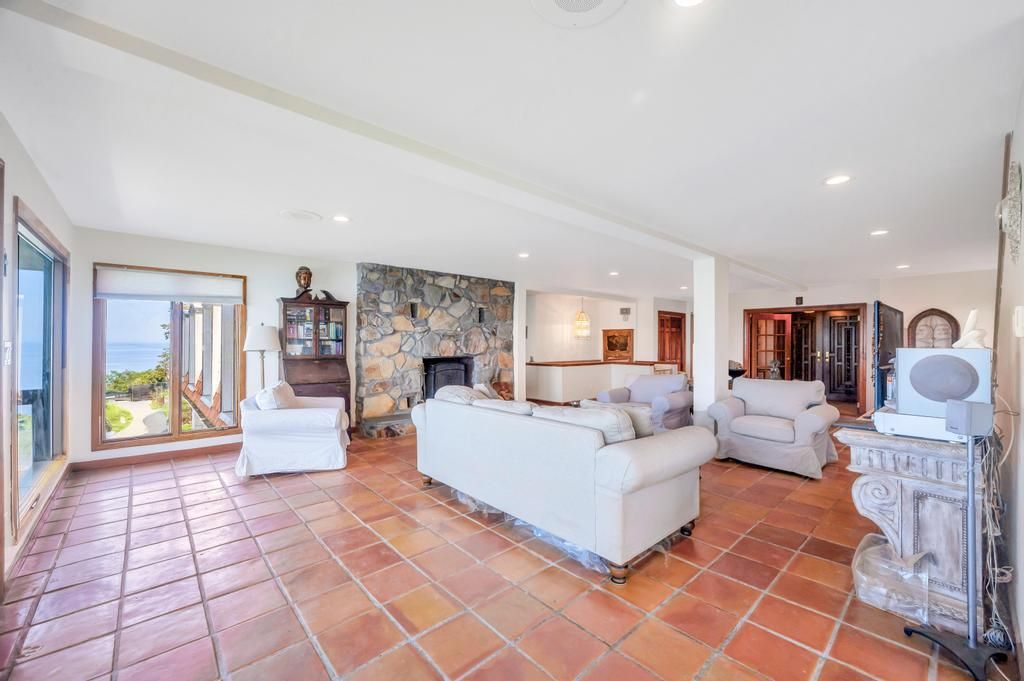 Fireplace, Interior, Living room, Recessed Lighting, Stone Walls