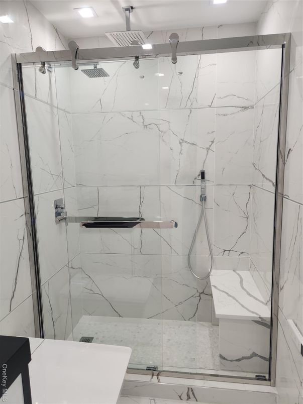 Bathroom, Glass Shower, Interior, Marble Walls, Recessed Lighting
