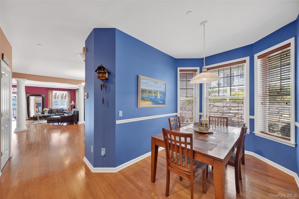 Dining room, Interior, Living room, Pendant Lights, Wood Texture Flooring