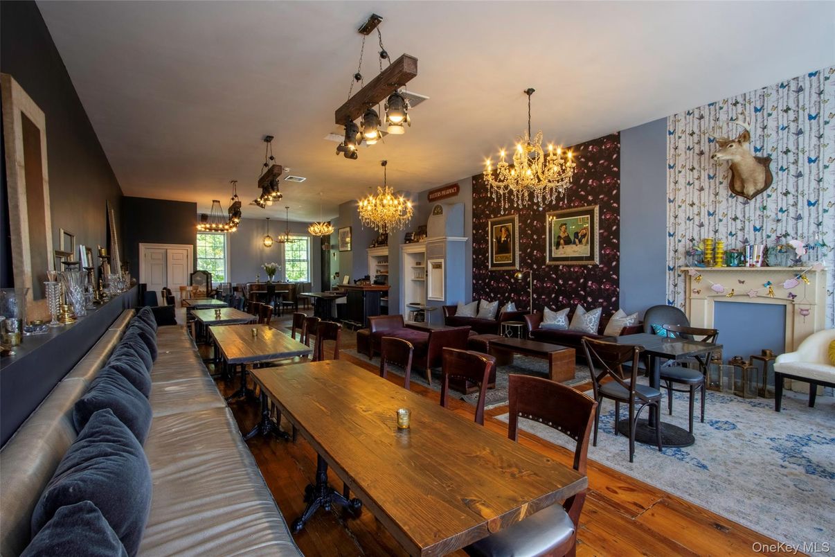 Chandelier, Dining room, Fireplace, Interior, Living room, Pendant Lights, Wood Texture Flooring