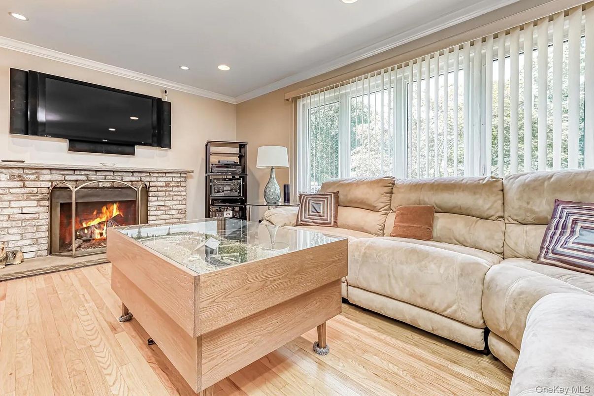 Fireplace, Interior, Living room, Recessed Lighting, Wood Texture Flooring