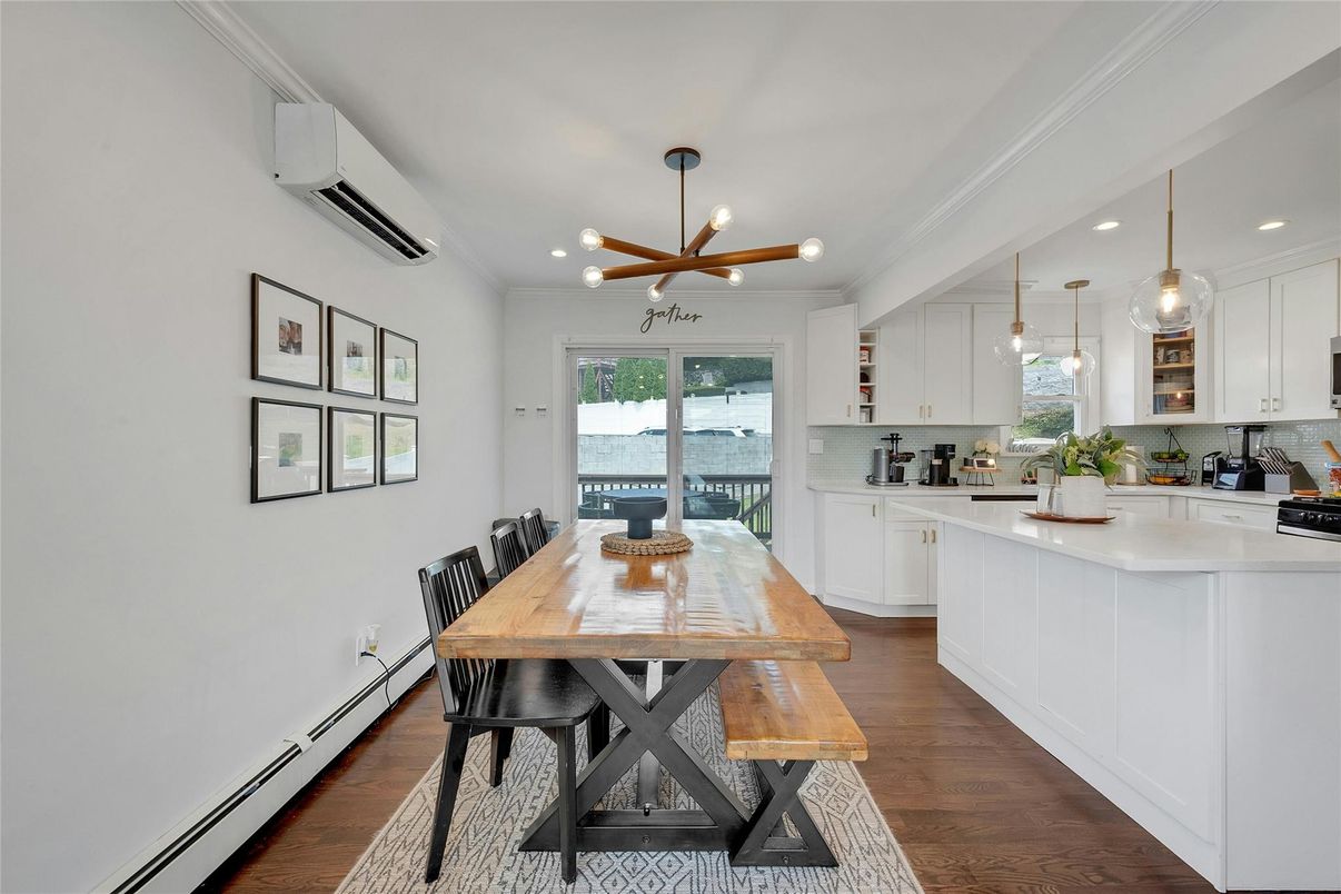 Dining room, Interior, Kitchen, Pendant Lights, Recessed Lighting, Water, Wood Texture Flooring