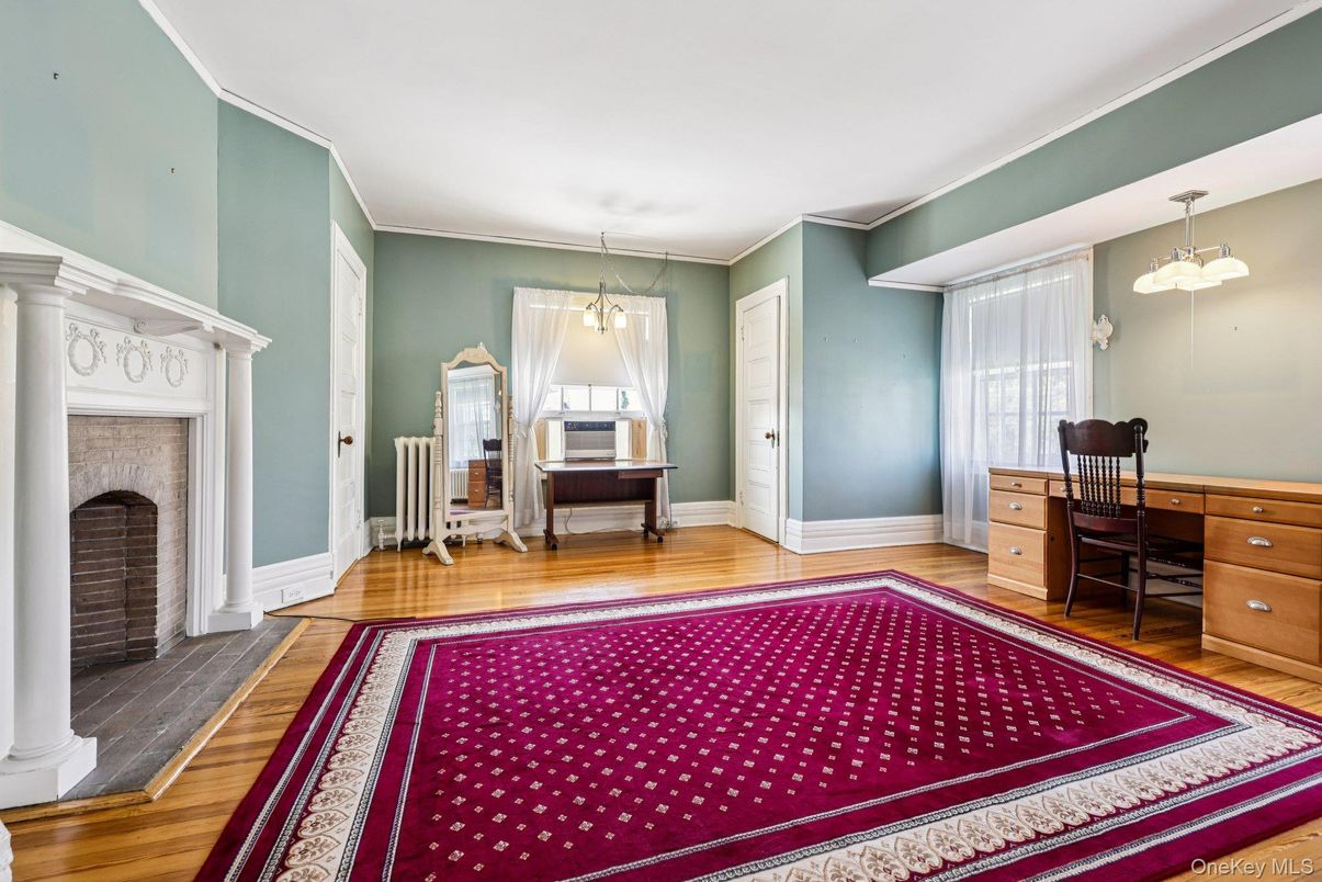 Fireplace, Home Office, Interior, Pendant Lights, Wood Texture Flooring