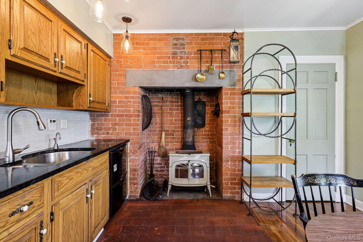Interior, Kitchen, Pendant Lights, Stone Walls, Wood Texture Flooring