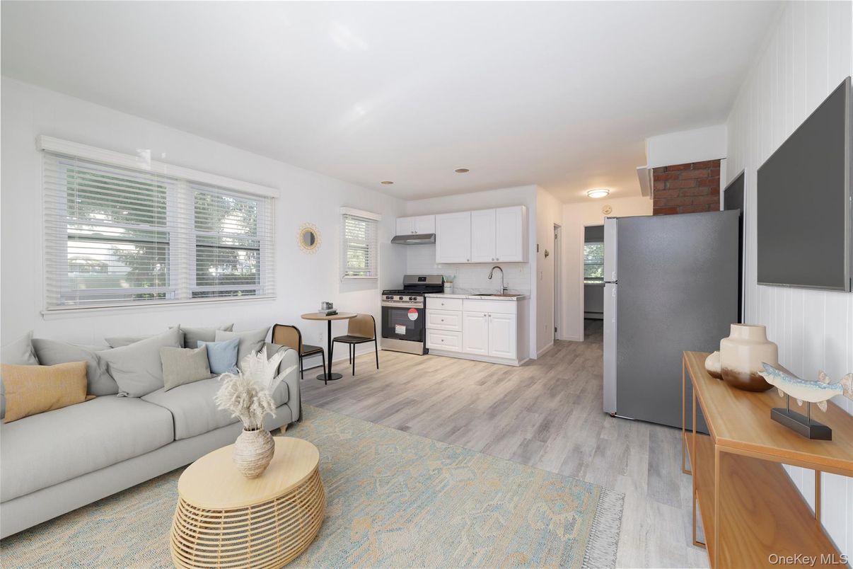 Interior, Kitchen, Living room, Recessed Lighting, Stainless Steel Appliances, Wood Texture Flooring