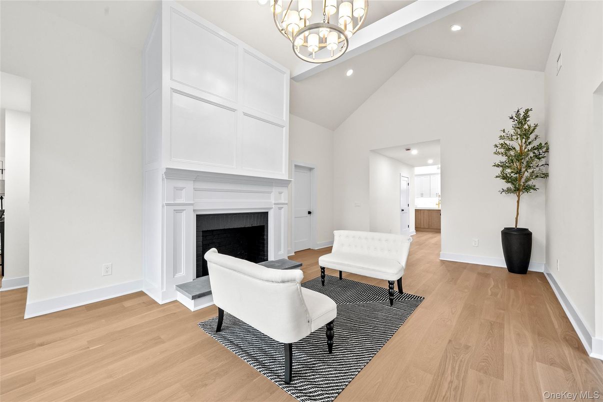 Fireplace, Interior, Pendant Lights, Recessed Lighting, Wood Texture Flooring