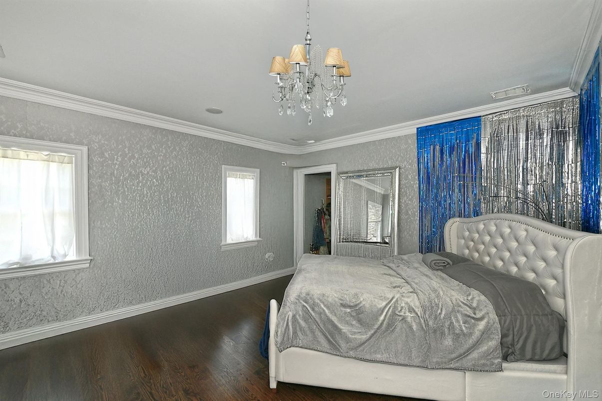 Bedroom, Chandelier, Interior, Wood Texture Flooring
