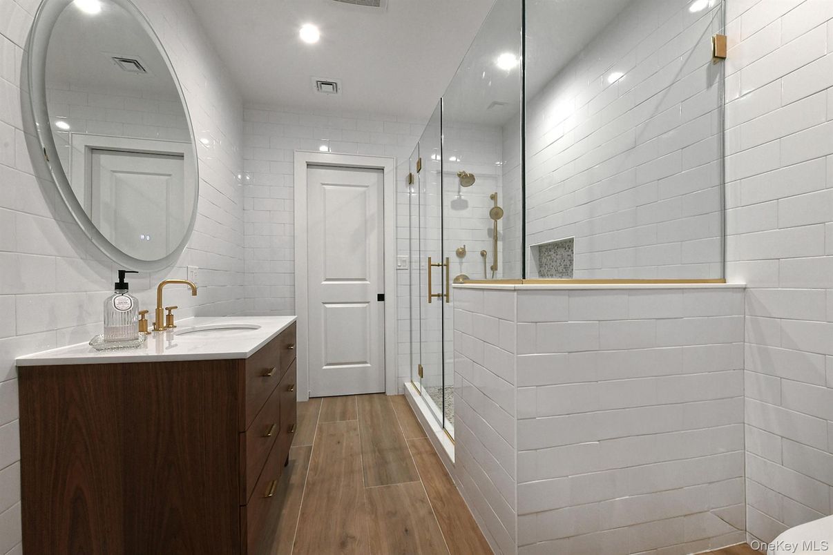 Bathroom, Glass Shower, Interior, Recessed Lighting, Wood Texture Flooring