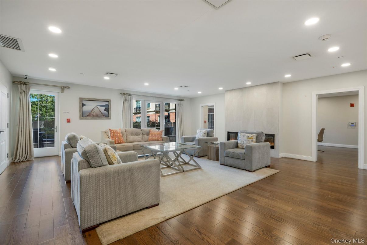 Fireplace, Interior, Living room, Recessed Lighting, Wood Texture Flooring