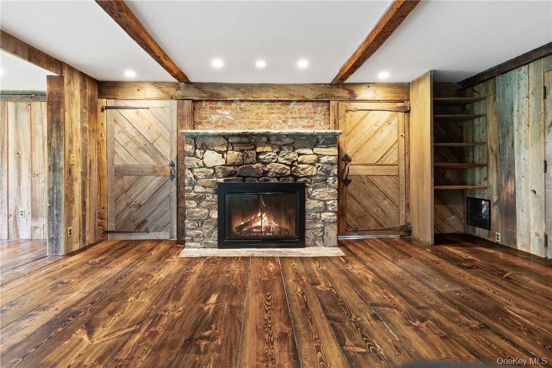 Empty room, Fireplace, Interior, Recessed Lighting, Wooden Beams, Wood Texture Flooring, Wooden Walls