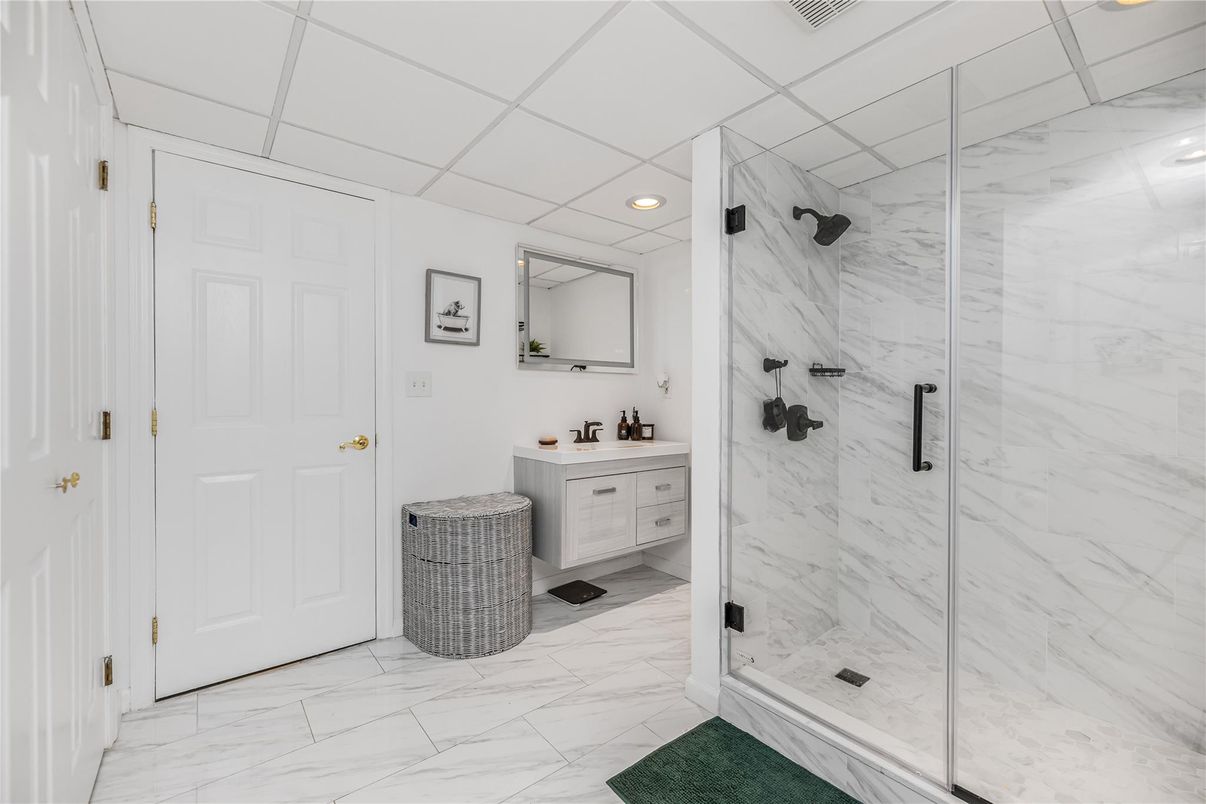 Bathroom, Glass Shower, Interior, Marble, Marble Walls, Recessed Lighting