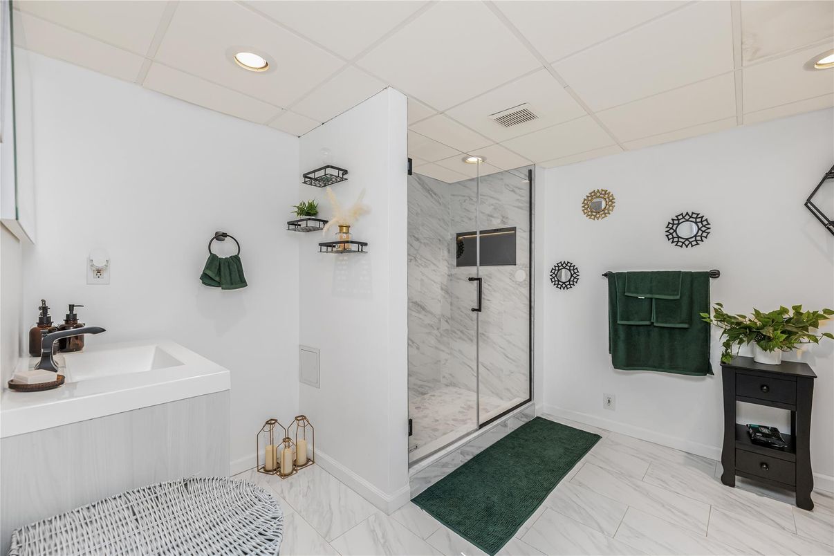 Bathroom, Glass Shower, Interior, Marble, Marble Walls, Recessed Lighting